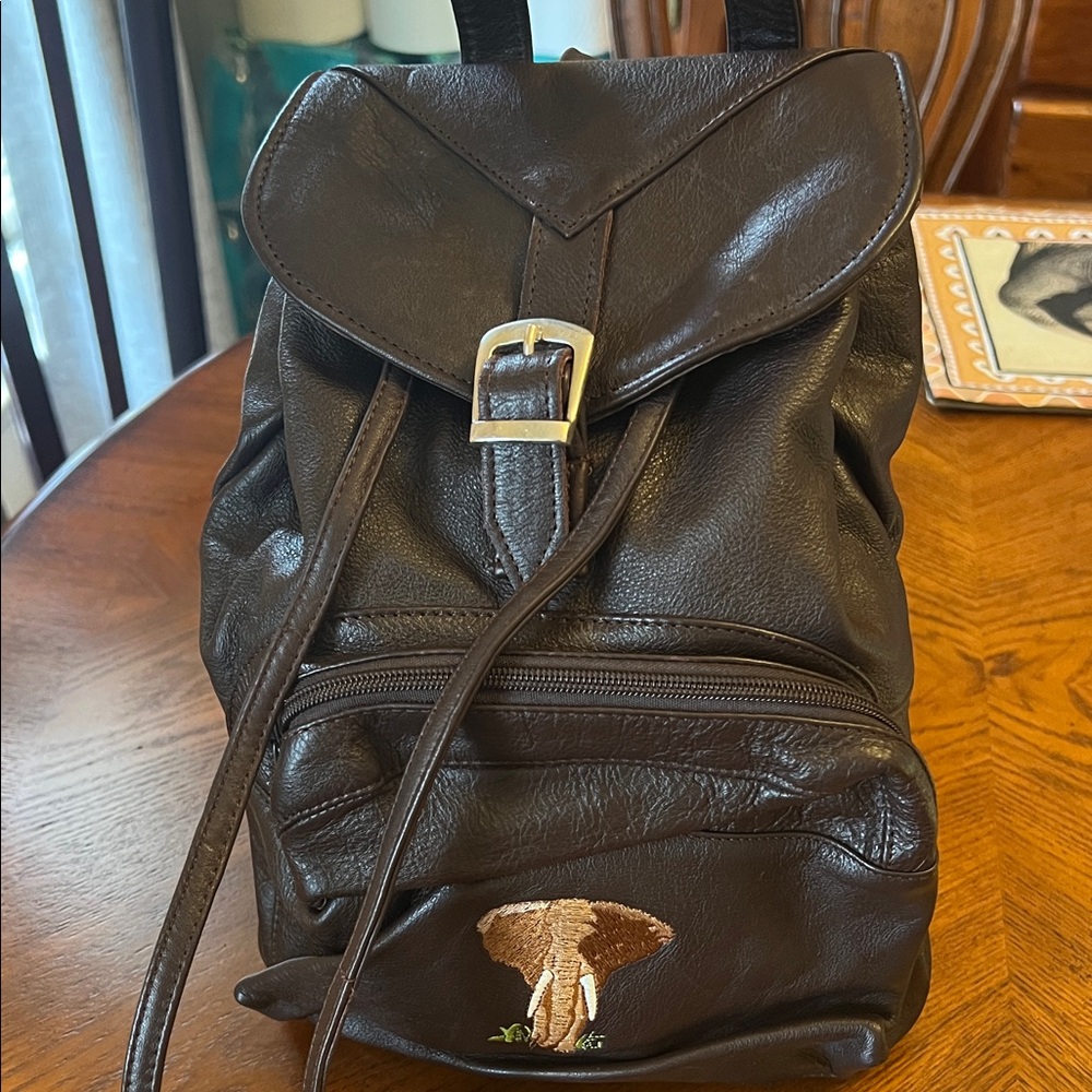 Brown Leather Backpack with Elephant Design